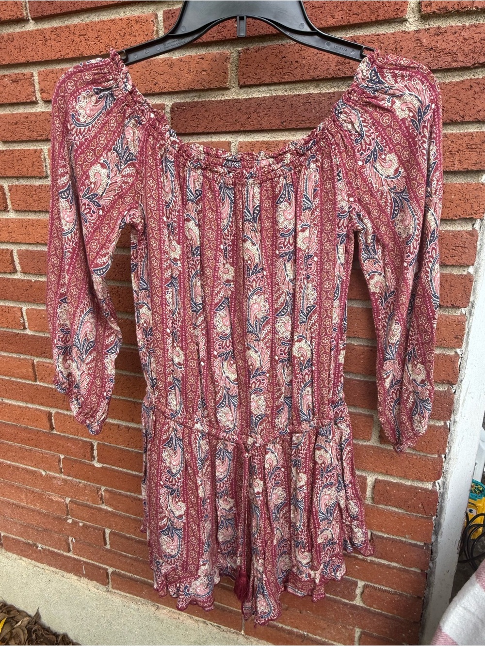 American Eagle Outfitters Burgundy Paisley Off-Shoulder Romper